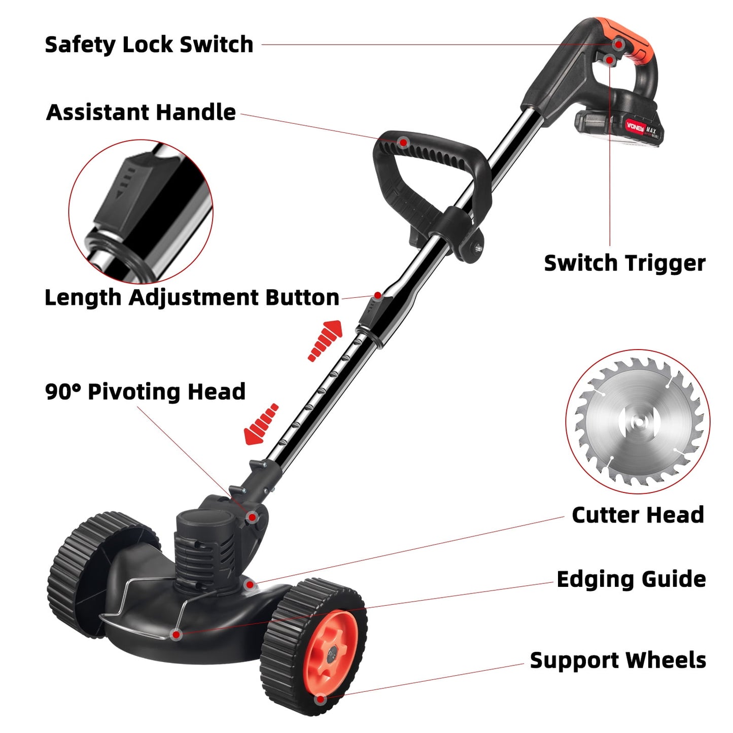 Electric Weed Eater, Weed Wacker 3 in 1 Cordless Push Lawn Trimmer with Wheels Weed Eater Tool with Adjustable Handle 3 Function Blades Weed Eater Brush Cutter for Yard and Garden