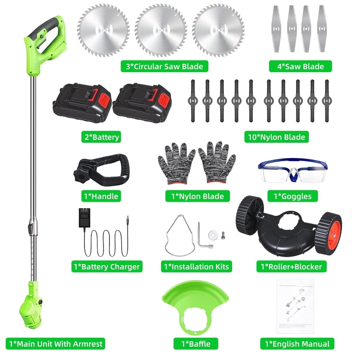 Brush Cutter Cordless Weed Wacker Electric Weed Eater with 2 Large Capacity Batteries &17 Blades for Lawn Garden Yard