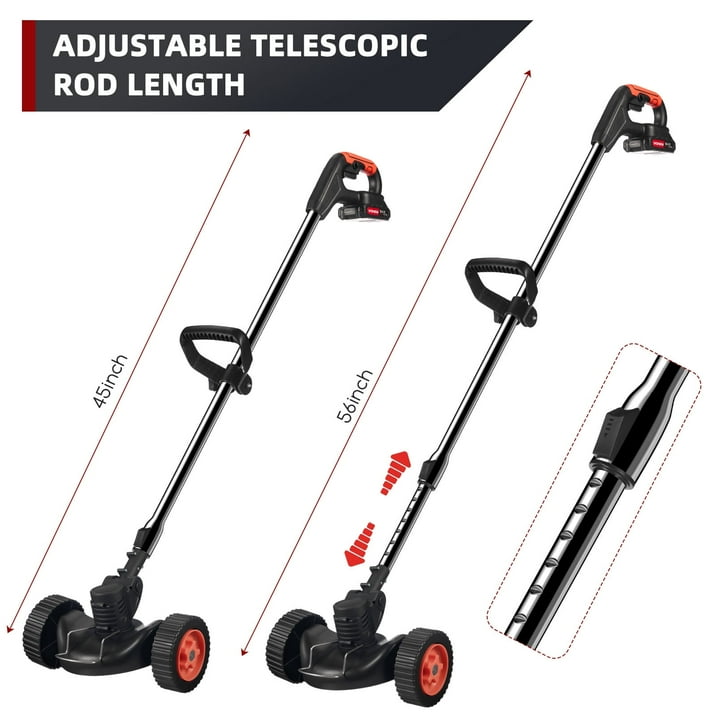 mer with Wheels Weed Eater Tool with Adjustable Handle 3 Function Blades Weed Eater Brush Cutter for Yard and Garden (Red)