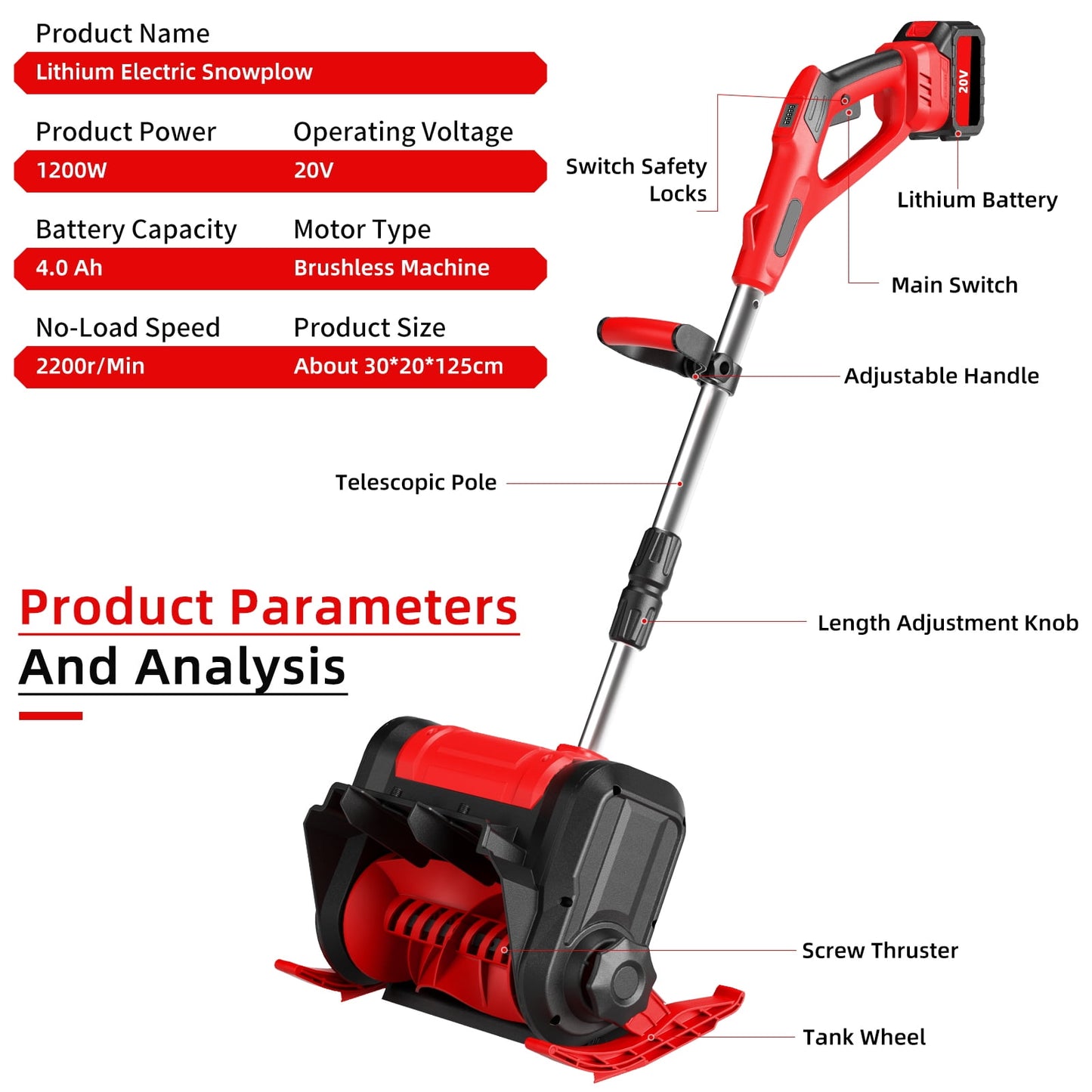 Cordless Electric Snow Thrower , 20V 12 inch Battery Powered Snow Blower with Adjustable Auxiliary Handle