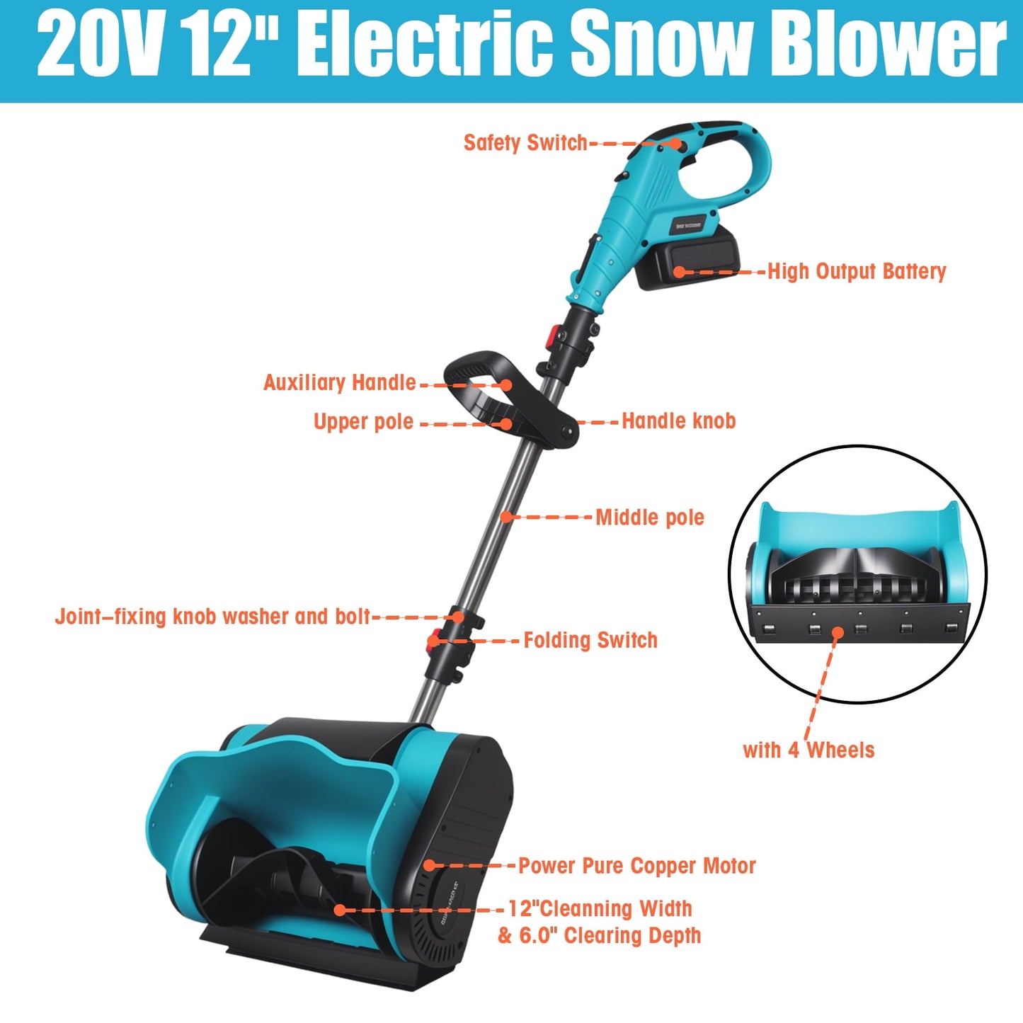 Cordless Electric Snow Shovel, 20V 12-Inch with Auxiliary Wheel Snow Thrower Adjustable Auxiliary Handle Battery Powered Snow Blower