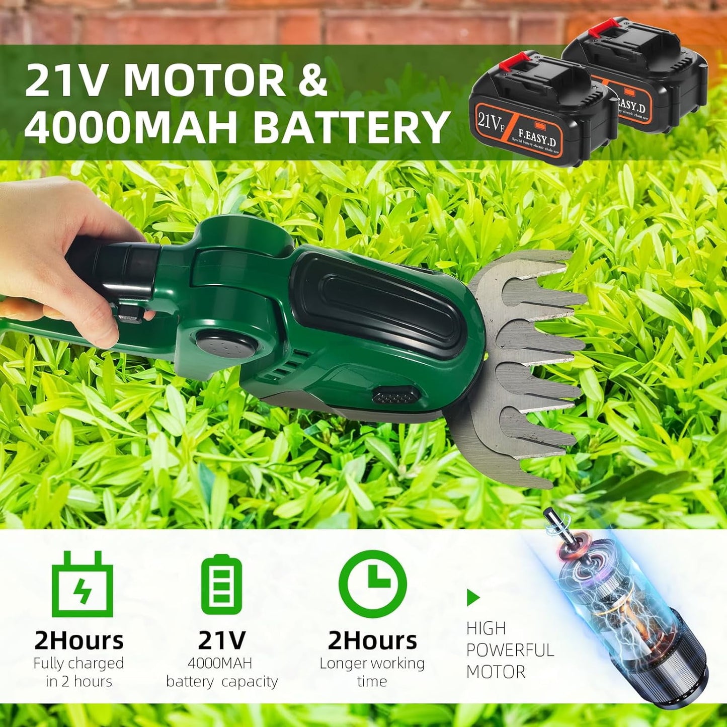 Powerful Electric Grass Shears Cordless Handheld Trimmer 21V, 2 Rechargeable Batteries Perfect for Garden Lawn