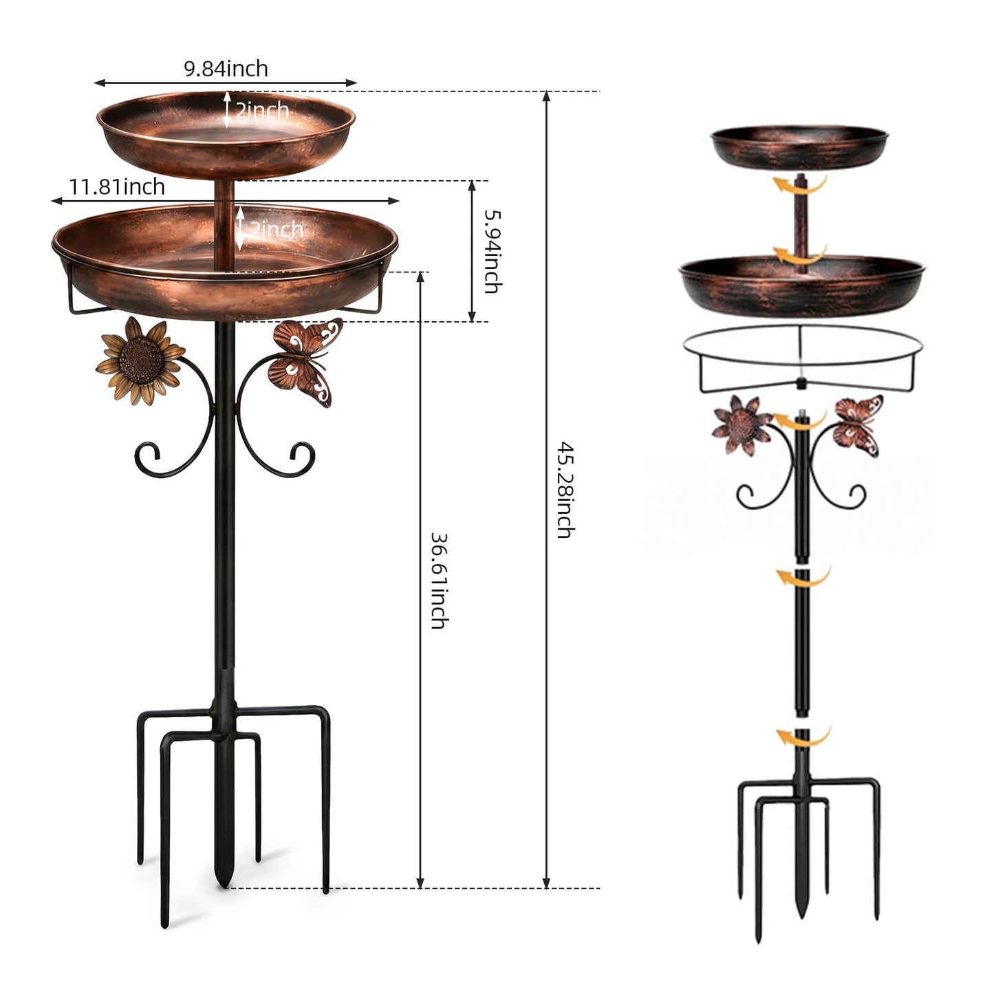Bird Bath, 45" Metal Bird Feeder Combo 2-Tier Birdbath with 5-Prong Heavy Duty Stake Base for Outdoor Garden