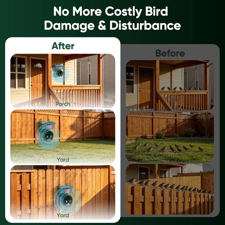 Solar Ultrasonic Bird Repeller Outdoor, Woodpecker Deterrent for House & Pigeon Repellent Devices Motion Activated Waterproof Animal Deterrent with Frequency Swapping for Garden Patio