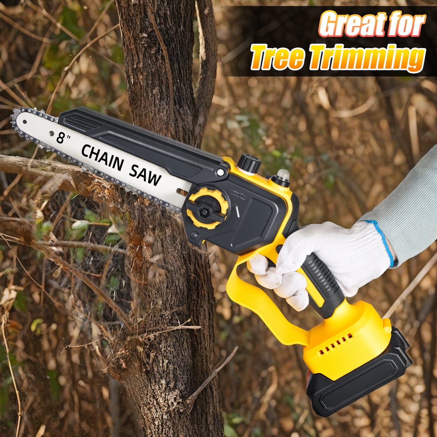 Mini Chainsaw Cordless, 8 inch 21V Electric Chainsaw Battery Powered, Handheld Mini Chain Saw with 2 Batteries and 2 Chains