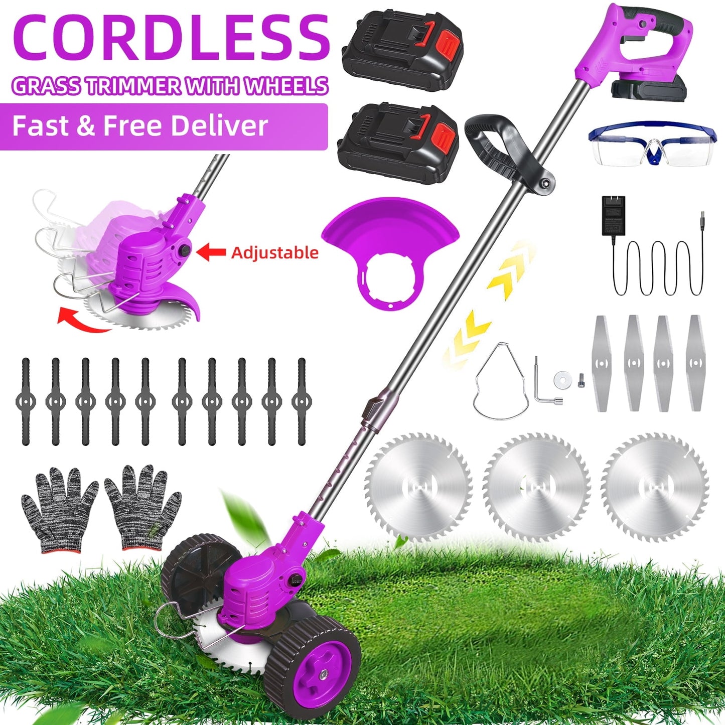 Weed Wacker Grass Trimmer, 24V Cordless Weed Eater Lightweight Electric Brush Cutter with 2 Batteries and Charger for Home Garden Yard Trimming