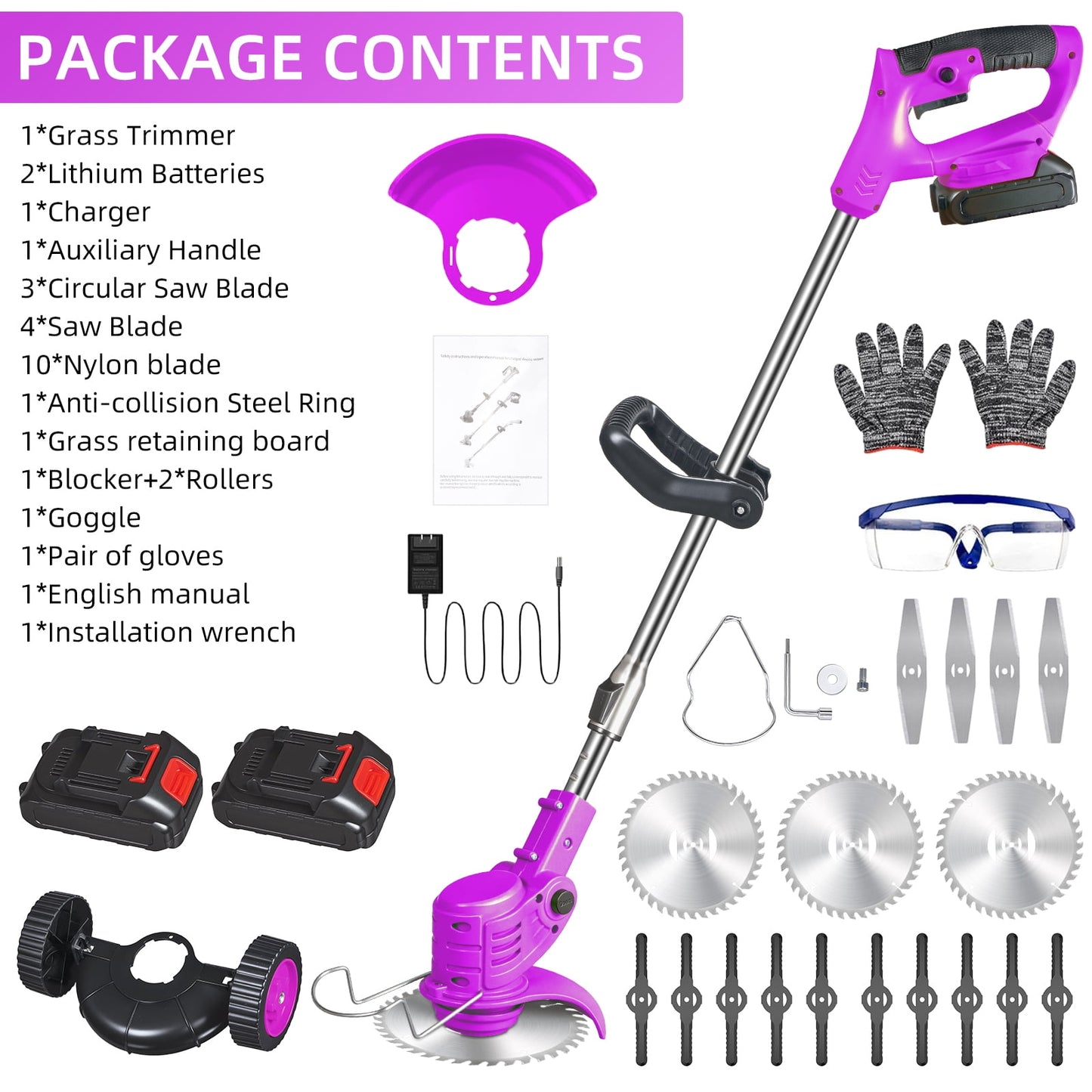 Weed Wacker Grass Trimmer, 24V Cordless Weed Eater Lightweight Electric Brush Cutter with 2 Batteries and Charger for Home Garden Yard Trimming