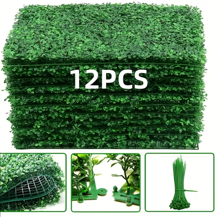 Artificial Boxwood Wall Panels, 12pcs 10"x10" Faux Greenery Milan Grass Backdrop, Realistic Plastic Privacy Screen for Indoor Outdoor Decor
