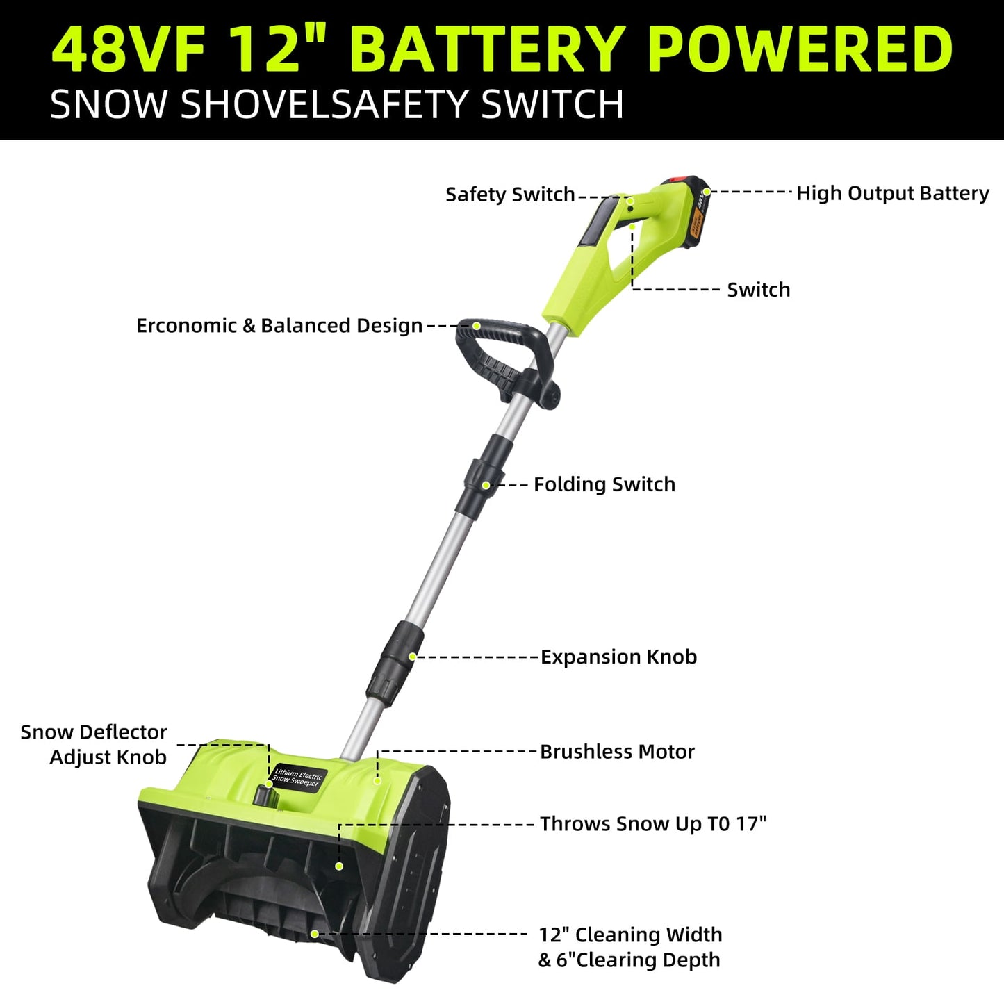 Electric Snow Blower, 12" Cordless Snow Thrower Battery-Powered Adjustable Handle 20V Snow Shovel