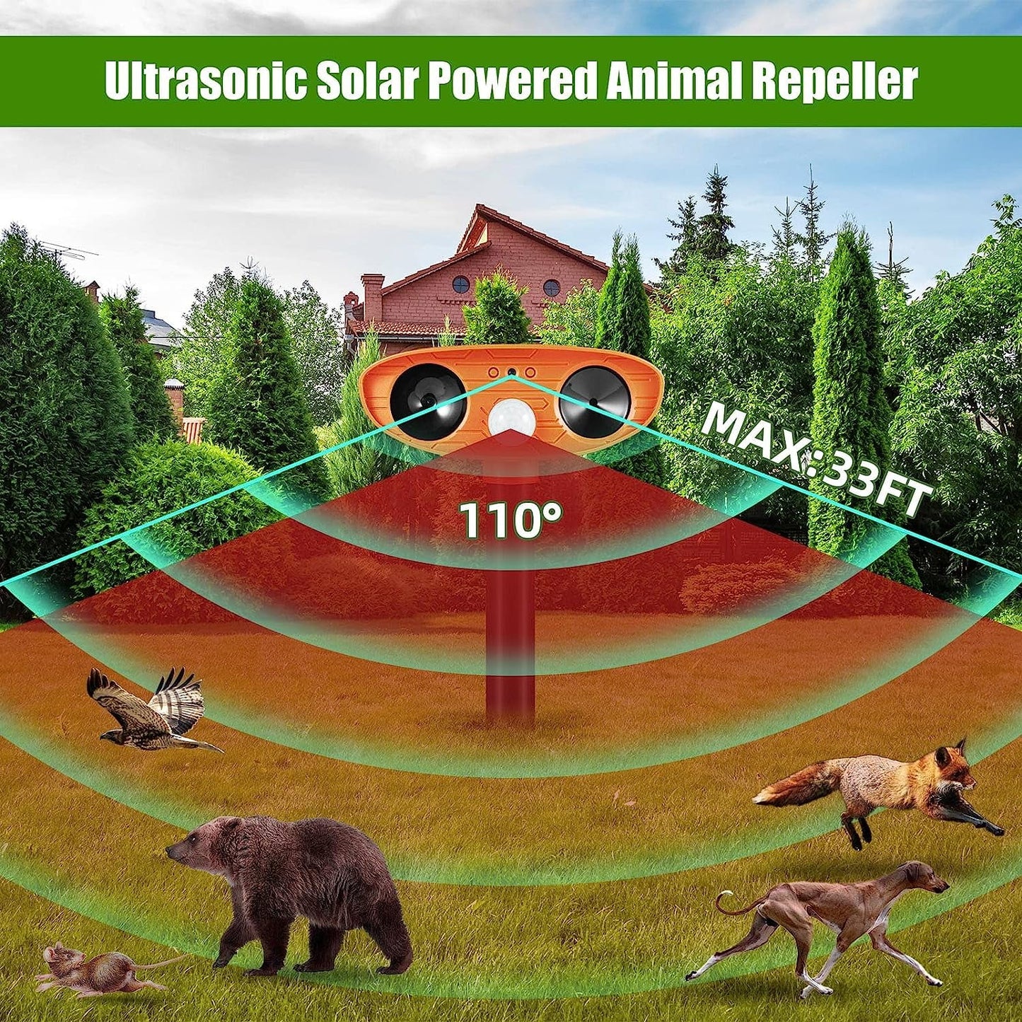 Motion Detection LED Light 2-Pack Solar Ultrasonic Animal Repeller Cat Squirrel Raccoon Deer Mouse Fox Wateproof