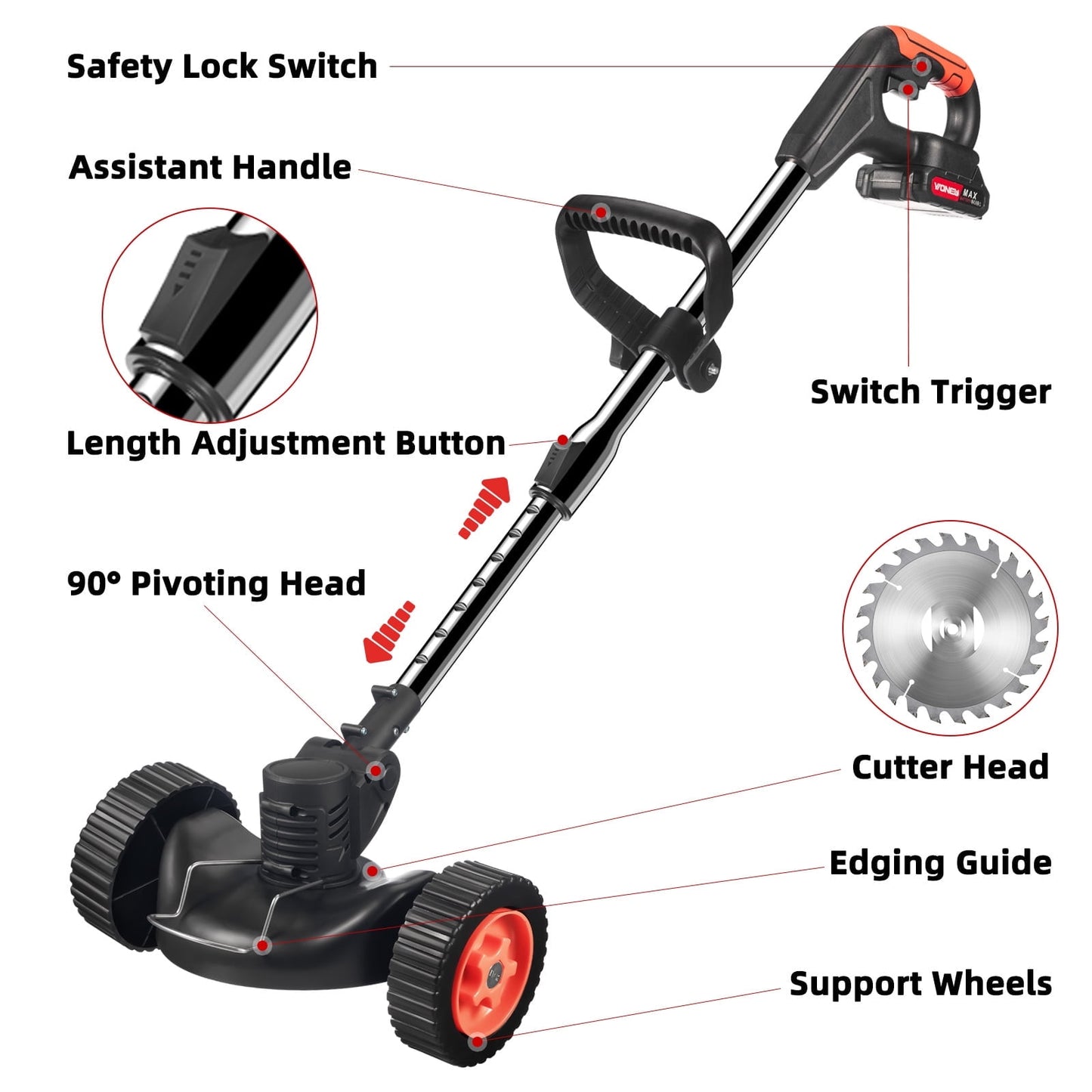 mer with Wheels Weed Eater Tool with Adjustable Handle 3 Function Blades Weed Eater Brush Cutter for Yard and Garden (Red)