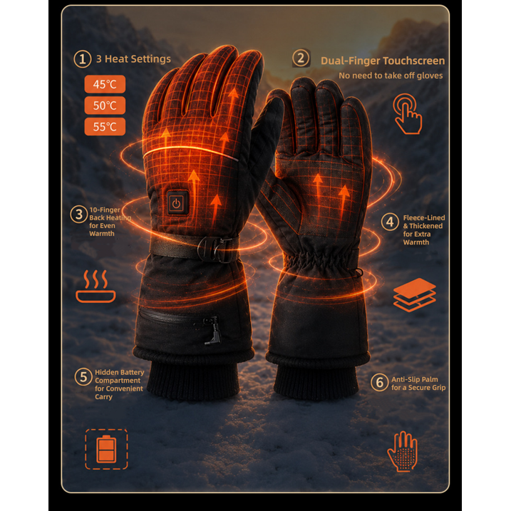 Heated Gloves for Men Women, 3 Heat Levels Battery Powered Warm Gloves Touchscreen Water Resistant Electric Heating Gloves