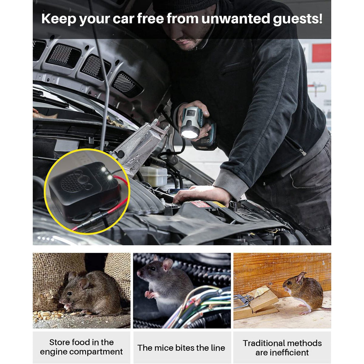 2 Pack Under Hood Ultrasonic Rodent Repellent, Mouse Deterrent with LED Strobe Lights, Humane Mouse Blocker Get Rid of Mice for Truck Cars Garage Basement