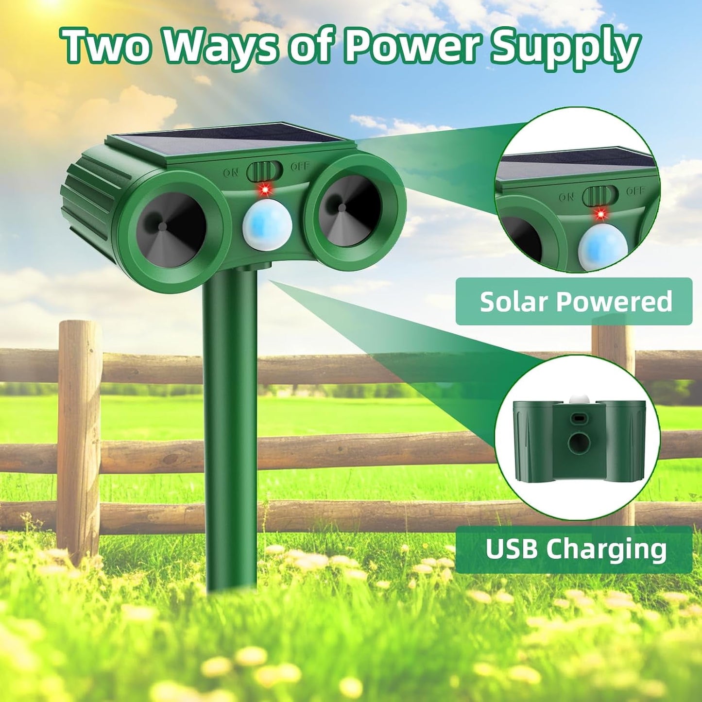 Solar Ultrasonic Animal Repellent, 2Pack Outdoor Cat Deterrent Deer Repellent Devices Waterproof with Motion Sensor Repels Squirrel,Dog,Raccoon,Skunk,Rabbit Yard Garden