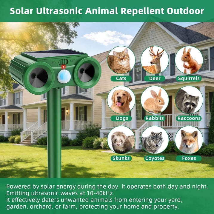 Solar Ultrasonic Animal Repellent, Outdoor Cat Deterrent Deer Repellent Devices Waterproof with Motion Sensor Repels Squirrel,Dog,Raccoon,Skunk,Rabbit Yard Garden