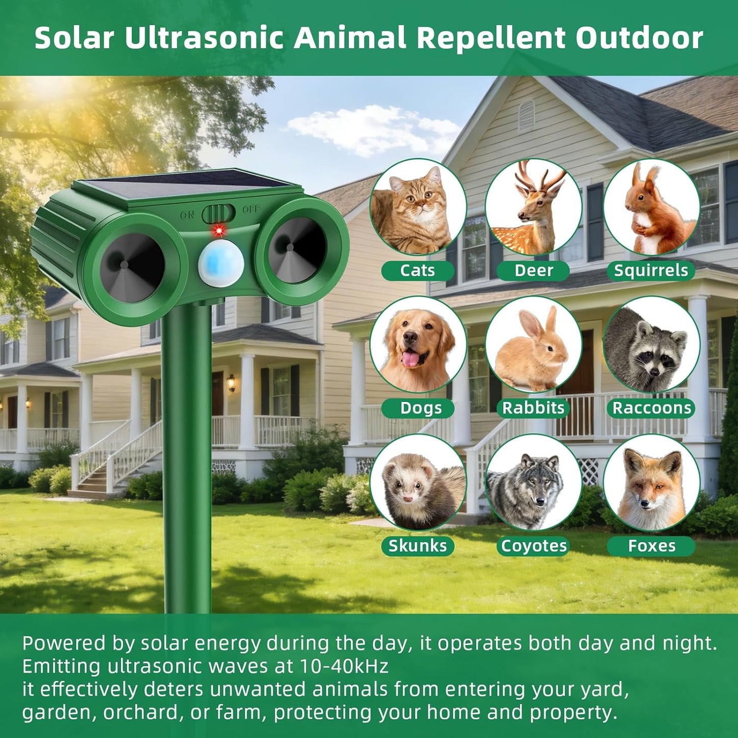 Solar Ultrasonic Animal Repellent, 2Pack Outdoor Cat Deterrent Deer Repellent Devices Waterproof with Motion Sensor Repels Squirrel,Dog,Raccoon,Skunk,Rabbit Yard Garden