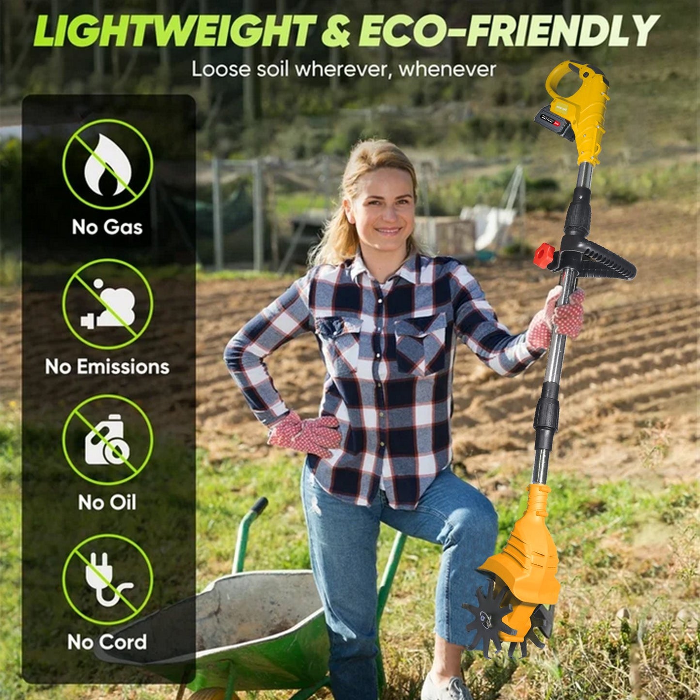Cordless Tiller Cultivator, 21V Electric Garden Tiller 20 Steel Tines Garden Rototiller for Lawn Gardening Soil Cultivation