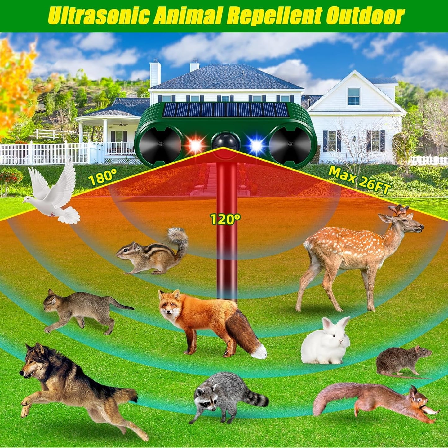 Paddsun Solar Animal Repeller,Ultrasonic Animal Repellent Deer Repellent Devices with LED Flashing Light to Squirrel Rabbit Raccoon for Garden