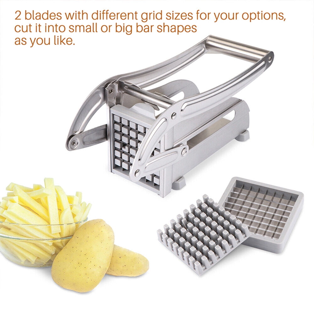 French Fry Cutter Stainless Steel Potato Slicer, Food Grade Potato Cutter with No-Slip Base & 2 Blades for Potato Vegetable Radish Cucumber Onion