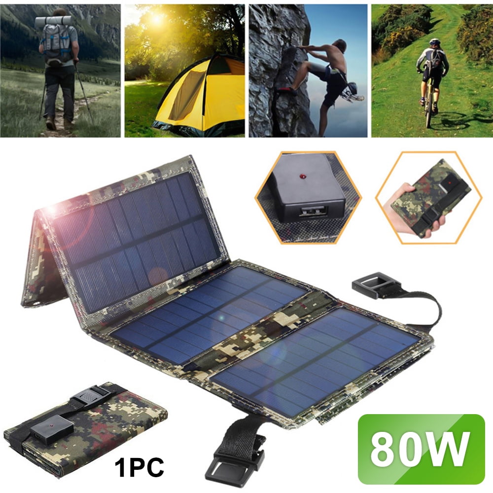 80W USB Solar Panel Folding Power Bank Outdoor Camping Hiking Phone Charger US
