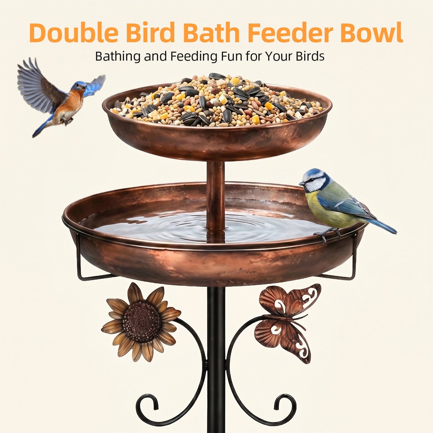 Bird Bath, 45" Metal Bird Feeder Combo 2-Tier Birdbath with 5-Prong Heavy Duty Stake Base for Outdoor Garden
