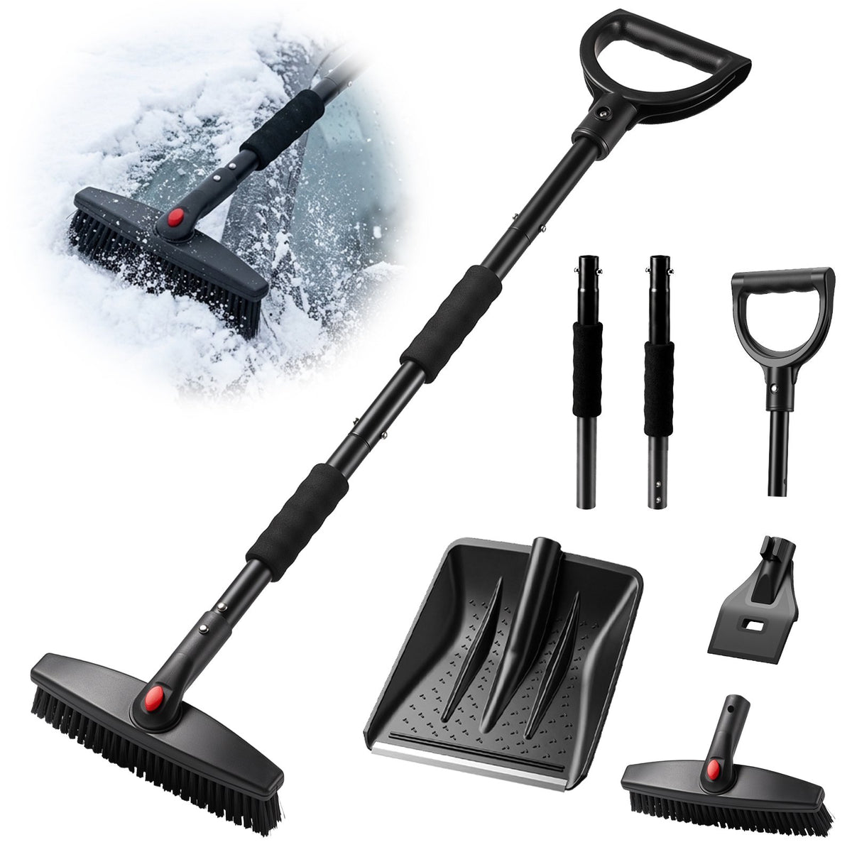 37" Detachable Car Snow Shovel & Ice Scraper Combo, 360° Rotating Snow Broom with Scratch-Free Nylon Bristles & Warm Foam Grip for Car Truck SUV