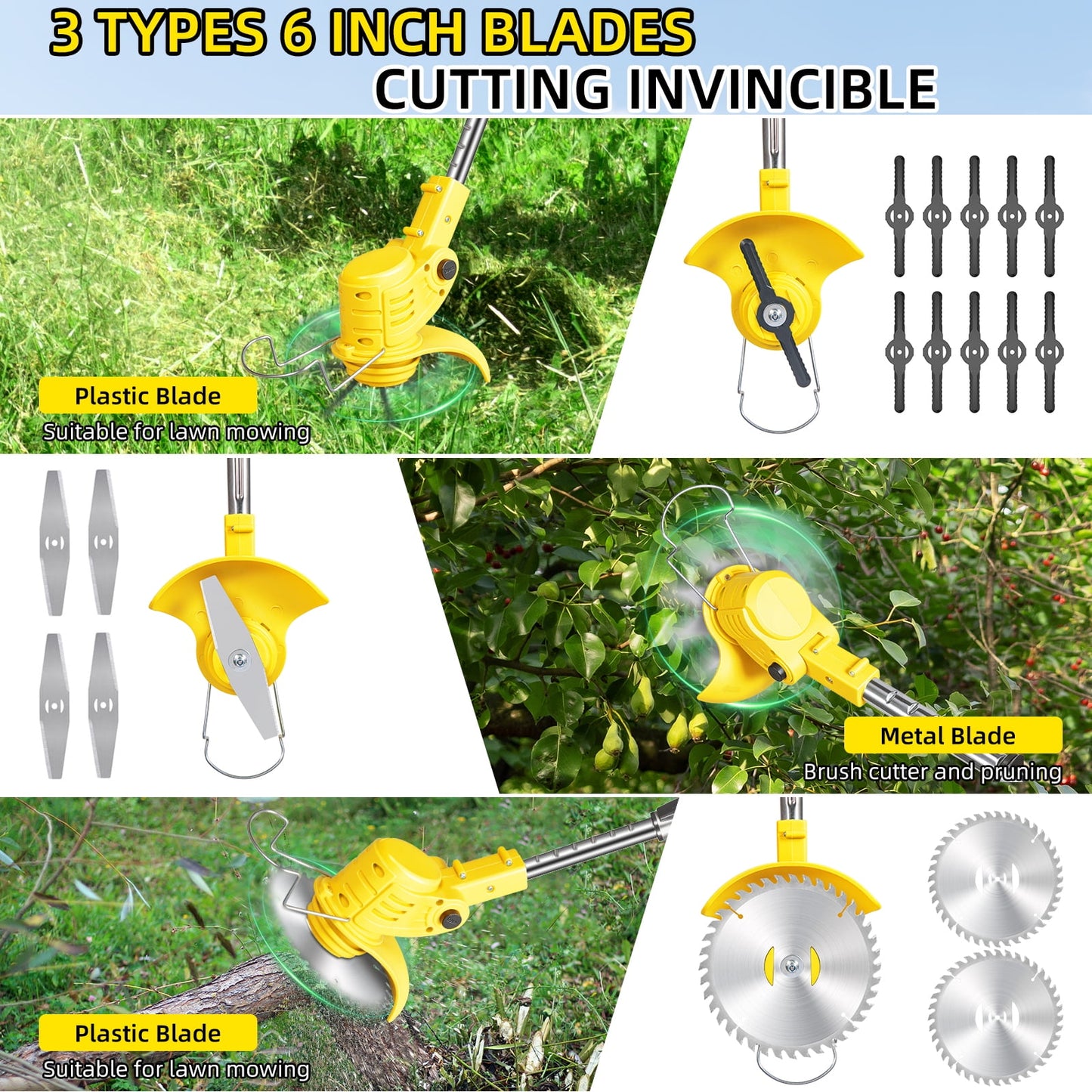 Electric Weed Wacker Battery Powered,Cordless String Trimmer Edger with Wheels 3 Function Blades Cutter for Yard and Garden