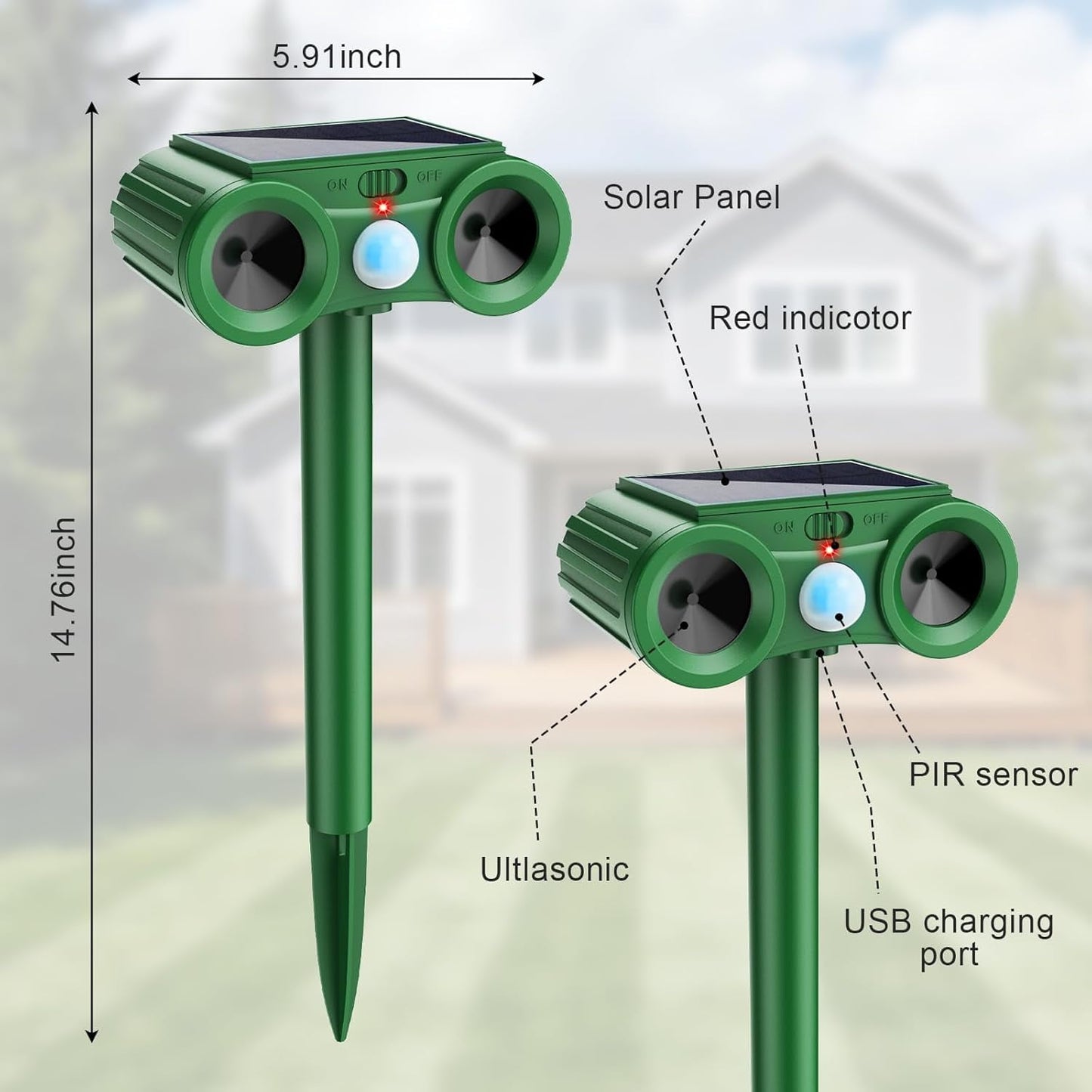 Solar Ultrasonic Animal Repellent, 2Pack Outdoor Cat Deterrent Deer Repellent Devices Waterproof with Motion Sensor Repels Squirrel,Dog,Raccoon,Skunk,Rabbit Yard Garden