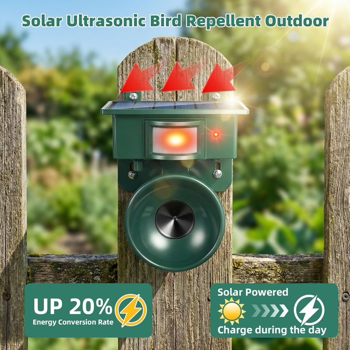 Solar Ultrasonic Bird Repeller Outdoor, Woodpecker Deterrent for House & Pigeon Repellent Devices Motion Activated Waterproof Animal Deterrent with Frequency Swapping for Garden Patio