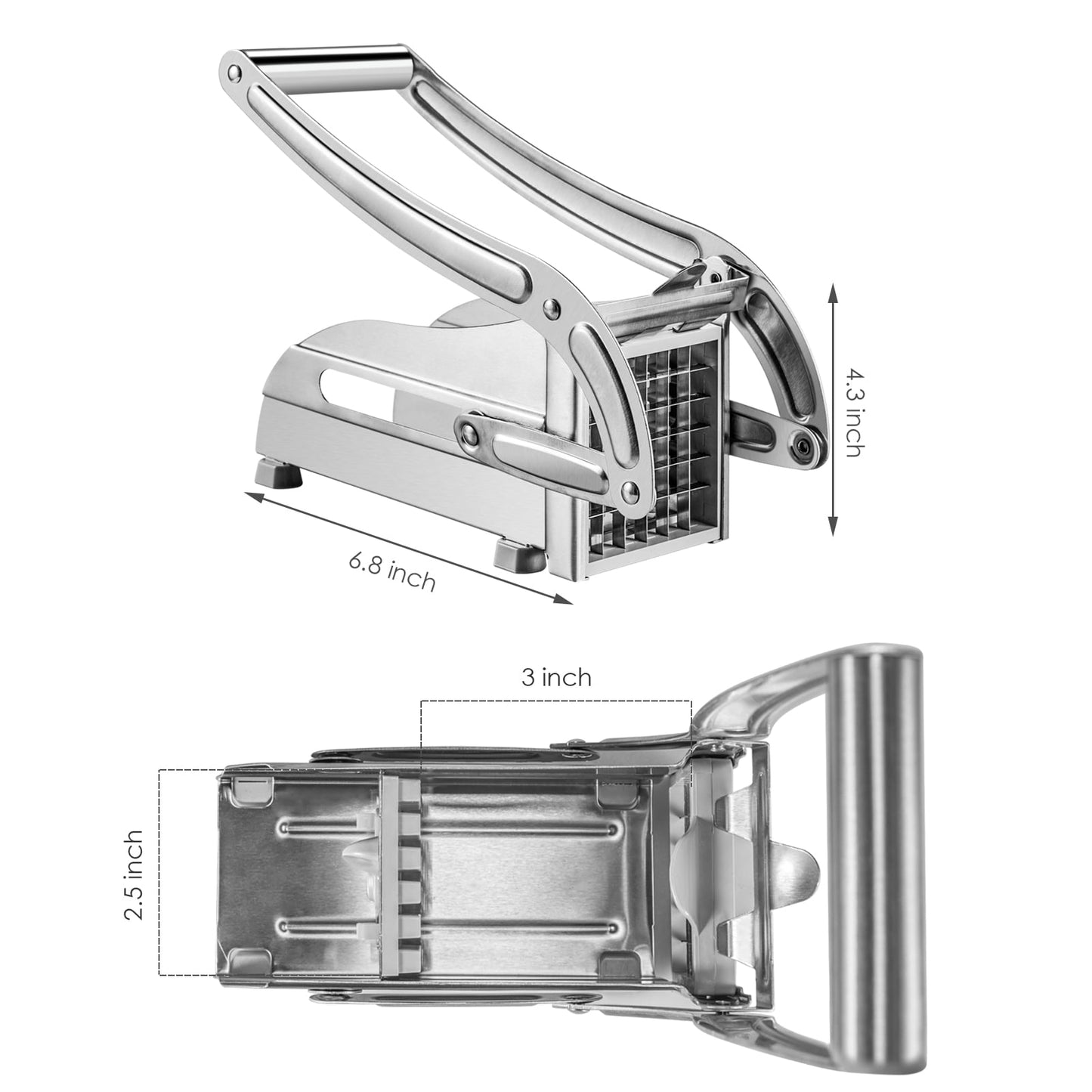 French Fry Cutter Stainless Steel Potato Slicer, Food Grade Potato Cutter with No-Slip Base & 2 Blades for Potato Vegetable Radish Cucumber Onion