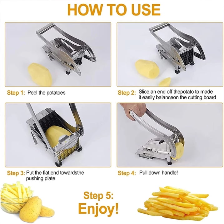 French Fry Cutter Stainless Steel Potato Slicer, Food Grade Potato Cutter with No-Slip Base & 2 Blades for Potato Vegetable Radish Cucumber Onion