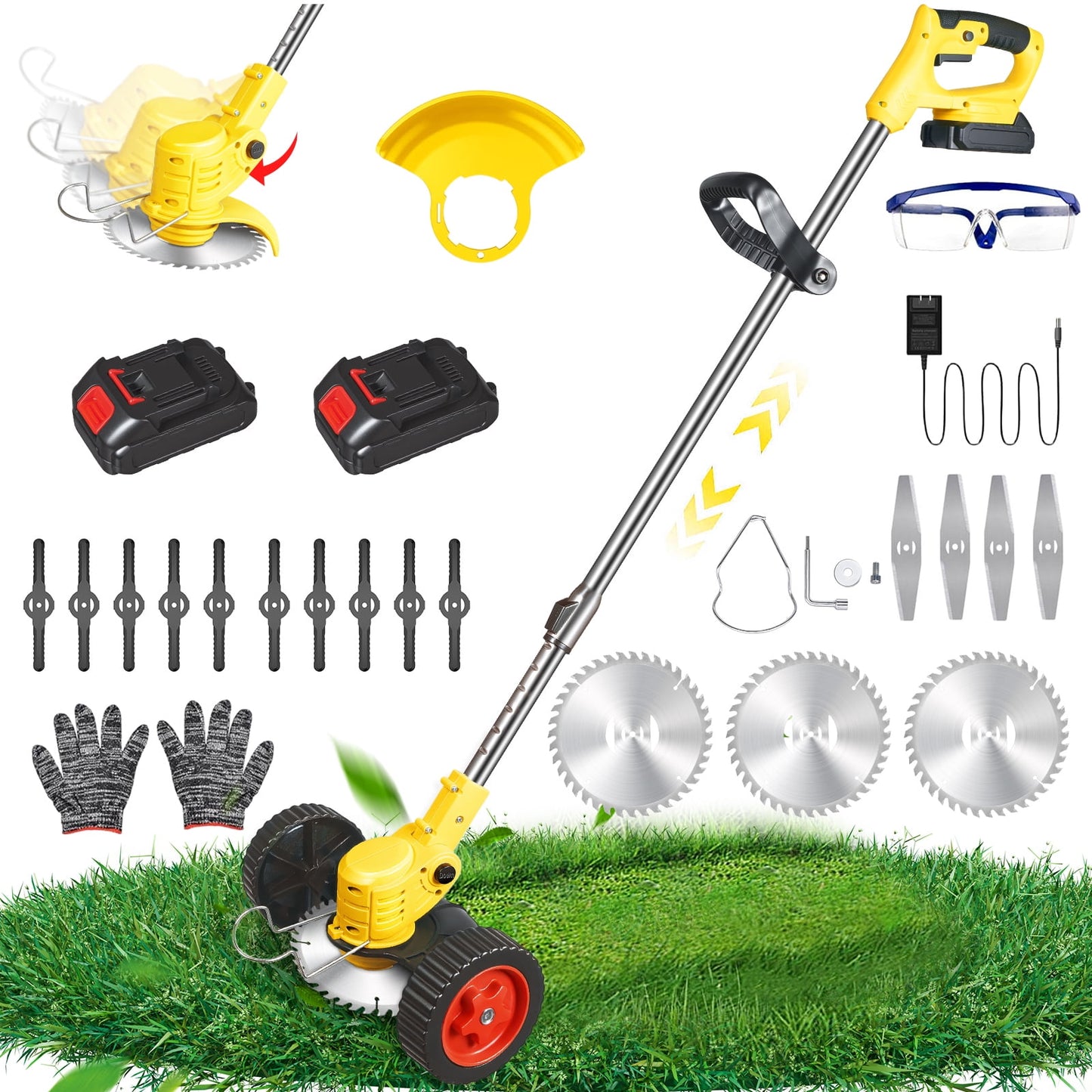 Electric Weed Wacker Battery Powered,Cordless String Trimmer Edger with Wheels 3 Function Blades Cutter for Yard and Garden