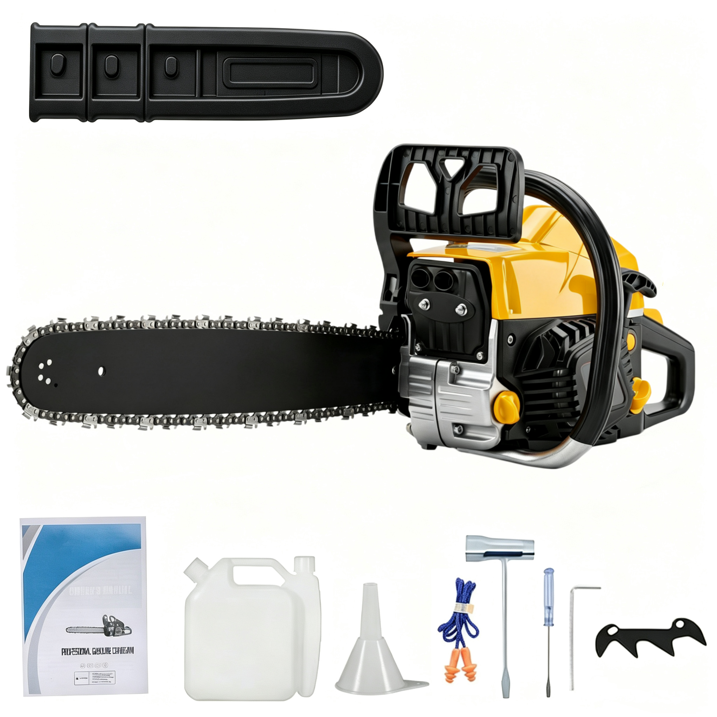 62cc Gas Chainsaw 20 Inch Gas Powered Chainsaw 2-Stroke Handheld Wood Cutting Tree Trimming Saw with Tool Kit, Black & Yellow