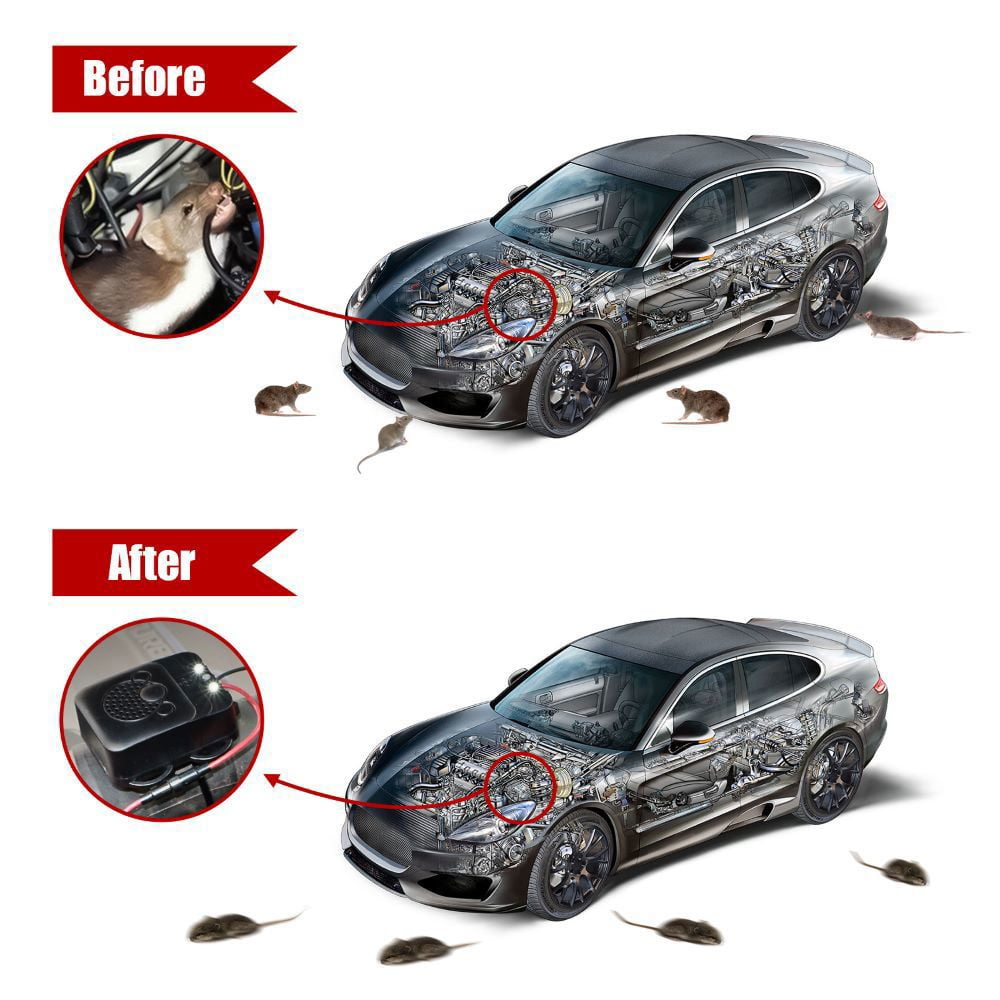 2 Pack Under Hood Ultrasonic Rodent Repellent, Mouse Deterrent with LED Strobe Lights, Humane Mouse Blocker Get Rid of Mice for Truck Cars Garage Basement