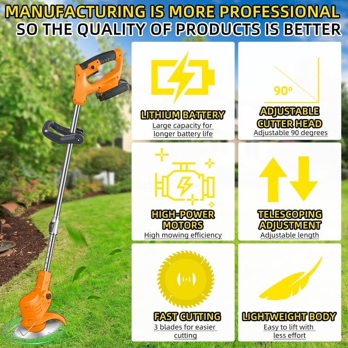 Electric Weed Wacker Battery Powered,Cordless String Trimmer Edger with Wheels 3 Function Blades Cutter for Yard and Garden