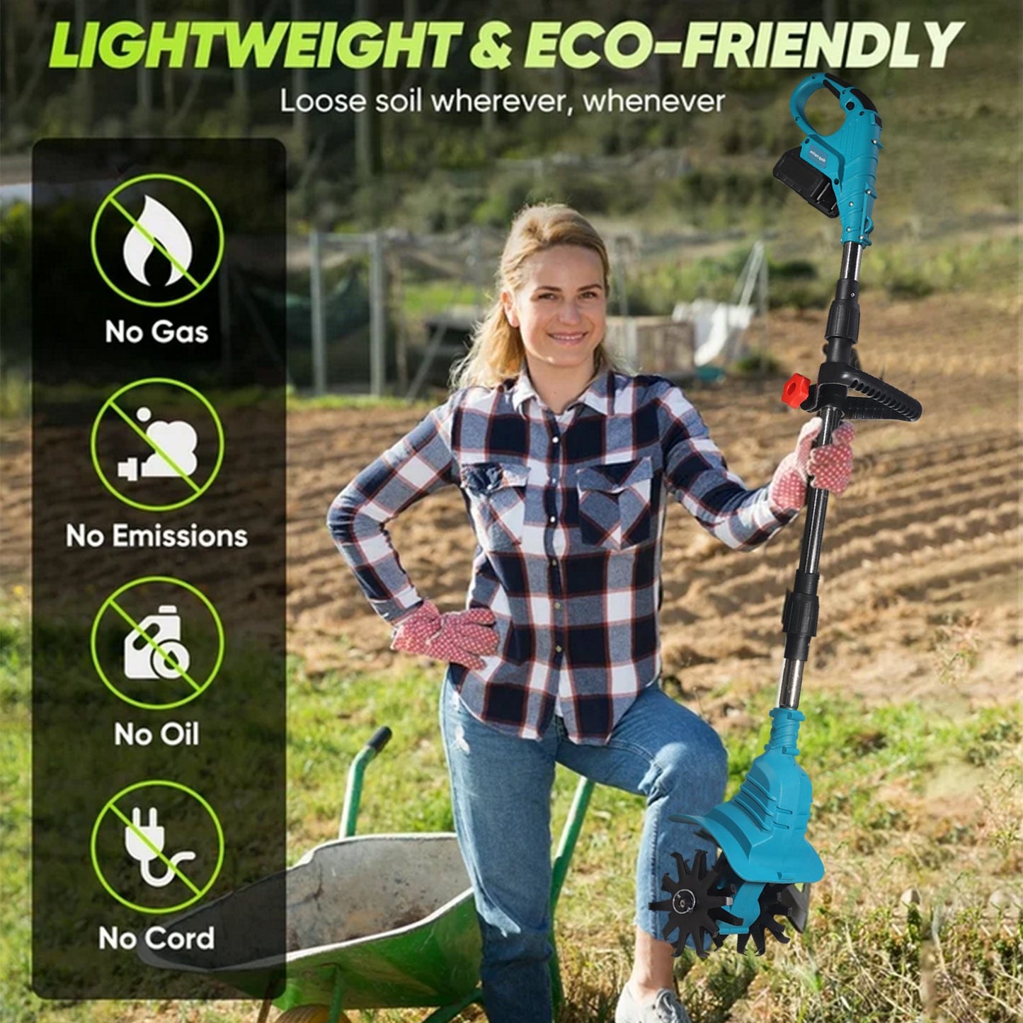 Cordless Tiller Cultivator, 21V Electric Garden Tiller 9In Tilling Width and 6.5In Depth Garden Rototiller for Lawn Gardening Soil Cultivation