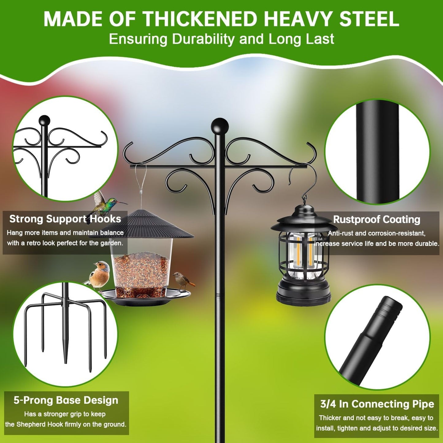2 Pack Shepherds Hooks for Outdoor,108 Inch Heavy Duty Bird Feeder Pole with 5 Prongs Base