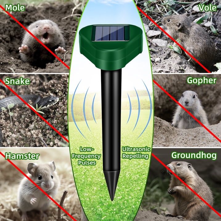 Mole Traps Solar Powered,4 Pack Waterproof Ultrasonic Gopher Traps Snake Traps for Yard Lawn Garden Groundhog Vole Chipmunk Armadillo Squirrel Rodent Deterrent Stakes