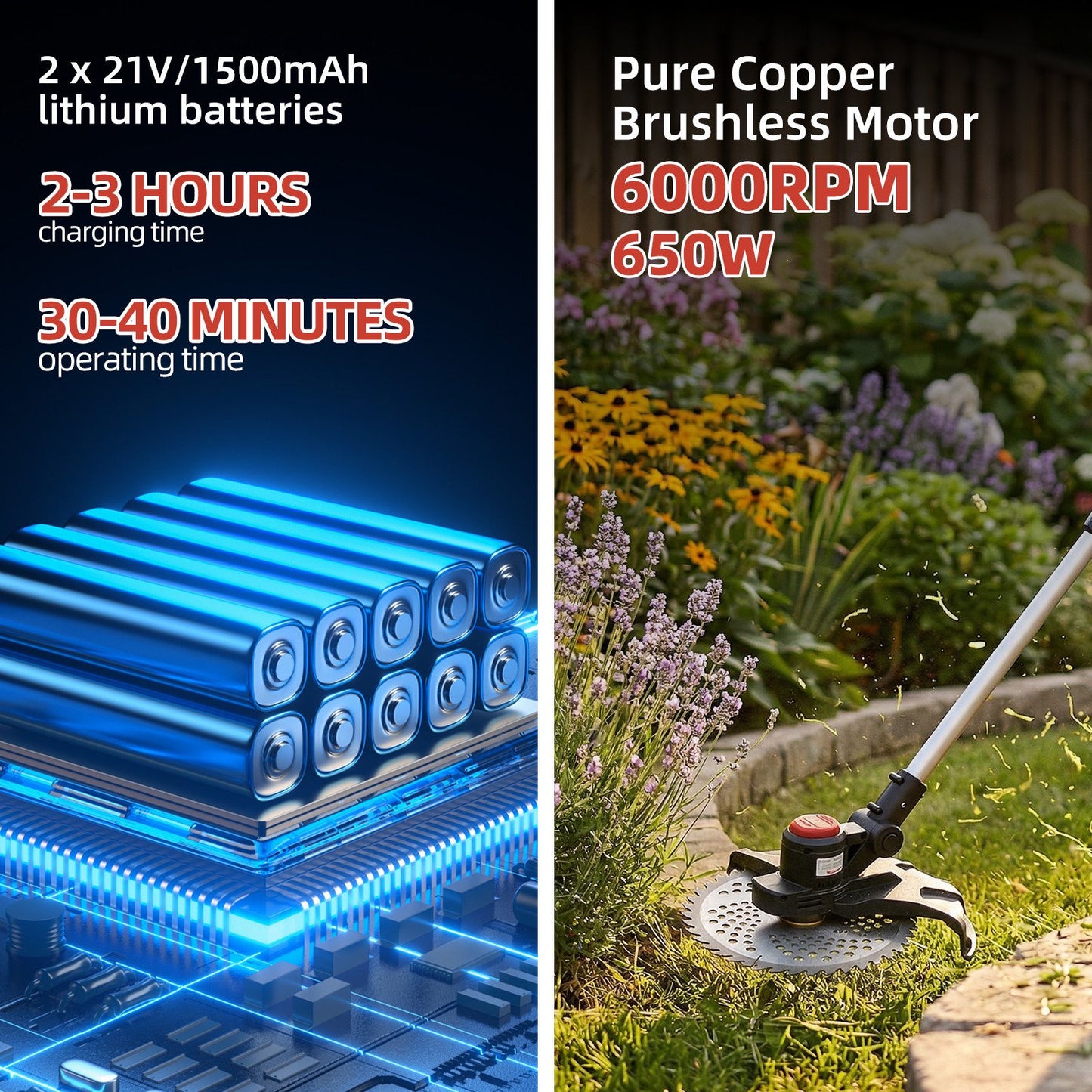 Weed Eaters, 21V 650W Cordless Electric Weed Wacker 9-Inch Blades Brushless Grass Trimmer & Edger with 2 Battery String Trimmer for Yard