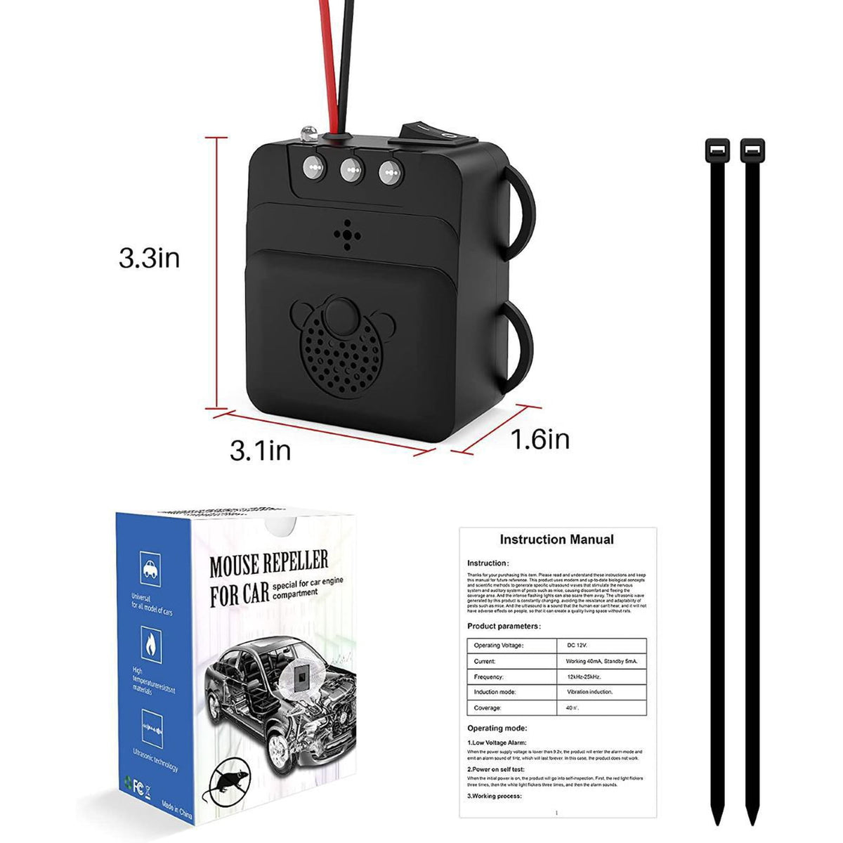2 Pack Under Hood Ultrasonic Rodent Repellent, Mouse Deterrent with LED Strobe Lights, Humane Mouse Blocker Get Rid of Mice for Truck Cars Garage Basement