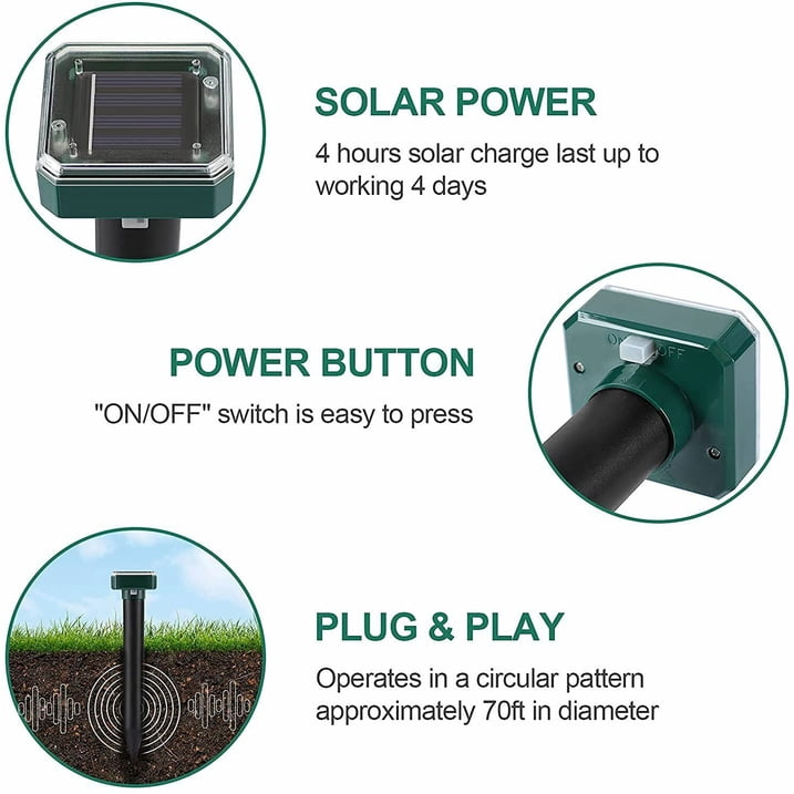 8 PCS Mole Repellent Solar Powered 8 Pack, Waterproof Vole Chipmunk Outdoor, Gopher Ultrasonic for Lawn Garden, Groundhog Repeller, Snake