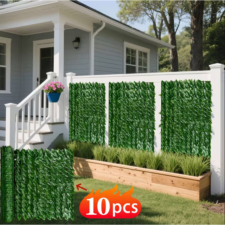 Artificial Ivy Privacy Fence Screen, 10pcs 20"x20" Faux Pothos Leaf Wall Panels, 27 Sq.Ft Coverage Greenery Backdrop for Outdoor Patio Balcony Decor
