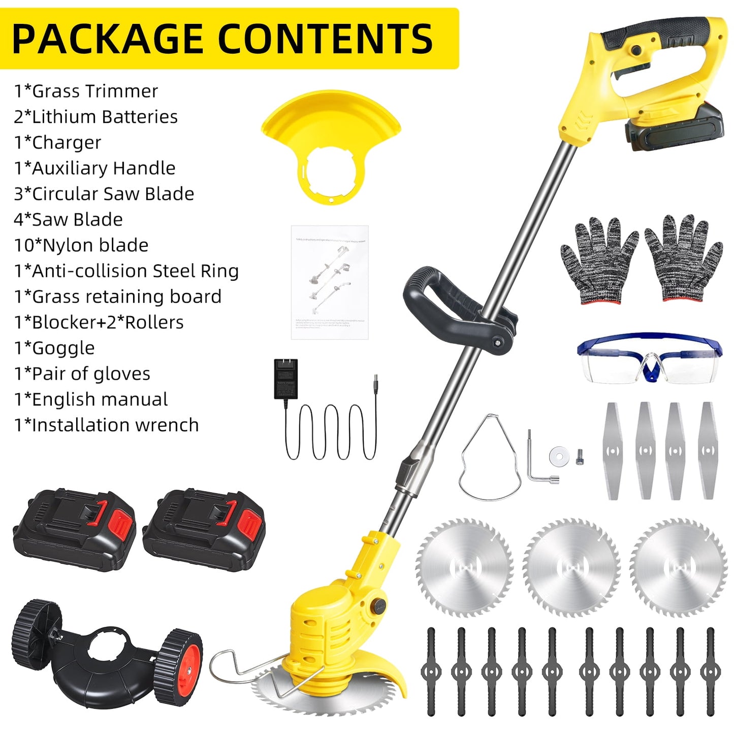 Electric Weed Wacker Battery Powered,Cordless String Trimmer Edger with Wheels 3 Function Blades Cutter for Yard and Garden