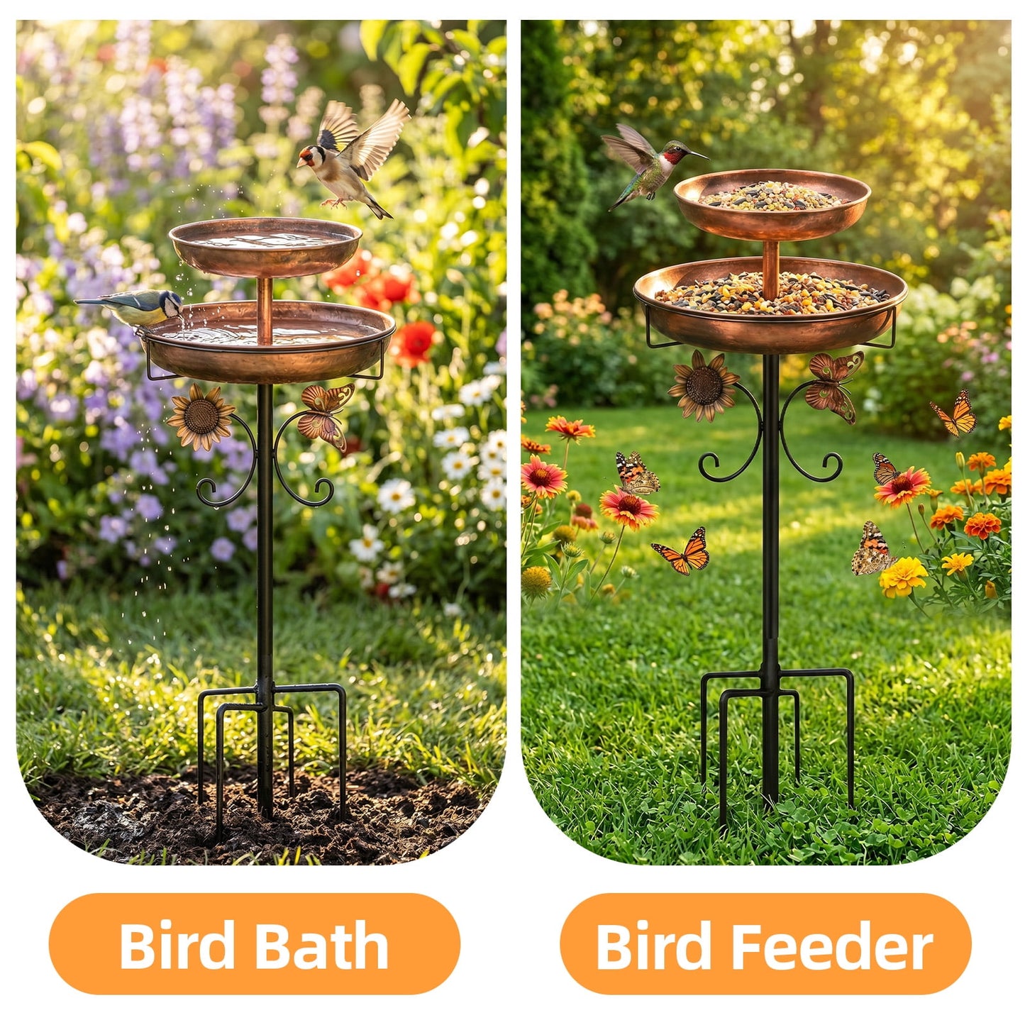 Bird Bath, 45" Metal Bird Feeder Combo 2-Tier Birdbath with 5-Prong Heavy Duty Stake Base for Outdoor Garden