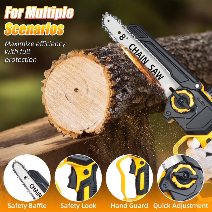 Paddsun 8 Inch Electric Mini Chainsaw, 21V Brushless Cordless Handheld Wood Cutter, 1980W Power Pruning Saw with 2 Batteries & 2 Chains