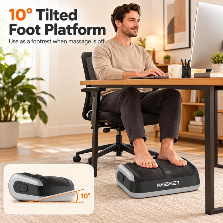 Electric Foot Massager with Heat, Deep Kneading Shiatsu Massage Machine, 3 Speeds Ergonomic Foot Rest for Home Office, Black