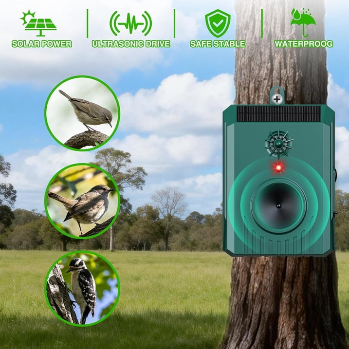 Solar Ultrasonic Bird Repeller, Outdoor Deterrent for Pigeons Woodpeckers Crows, Waterproof Hanging Humane Bird Repellent for Garden