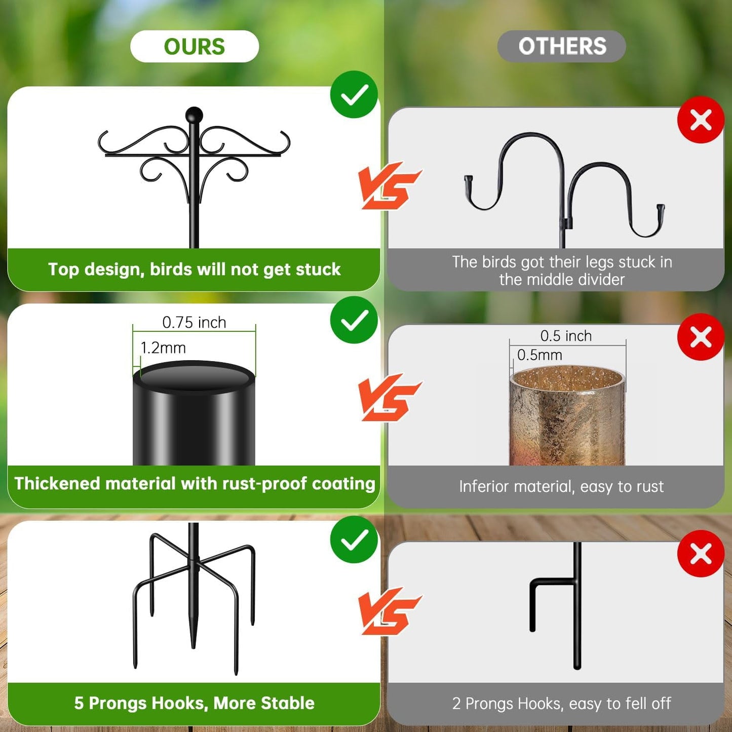 2 Pack Shepherds Hooks for Outdoor,108 Inch Heavy Duty Bird Feeder Pole with 5 Prongs Base