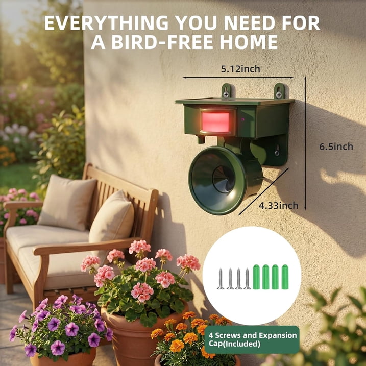 Solar Ultrasonic Bird Repeller Outdoor, Woodpecker Deterrent for House & Pigeon Repellent Devices Motion Activated Waterproof Animal Deterrent with Frequency Swapping for Garden Patio