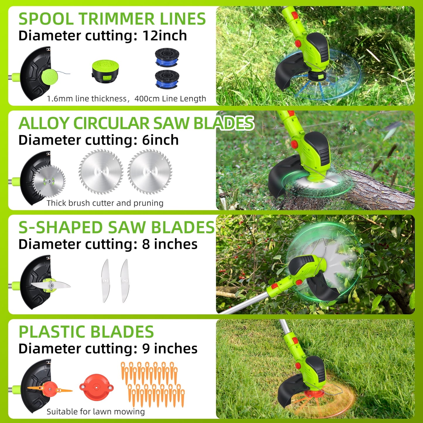 Paddsun Weed Eaters, Electric Cordless Weed Wacker 24V String Trimmer with 8 inch Blades Electric Weed Eater with Grass Cutter Spool Line